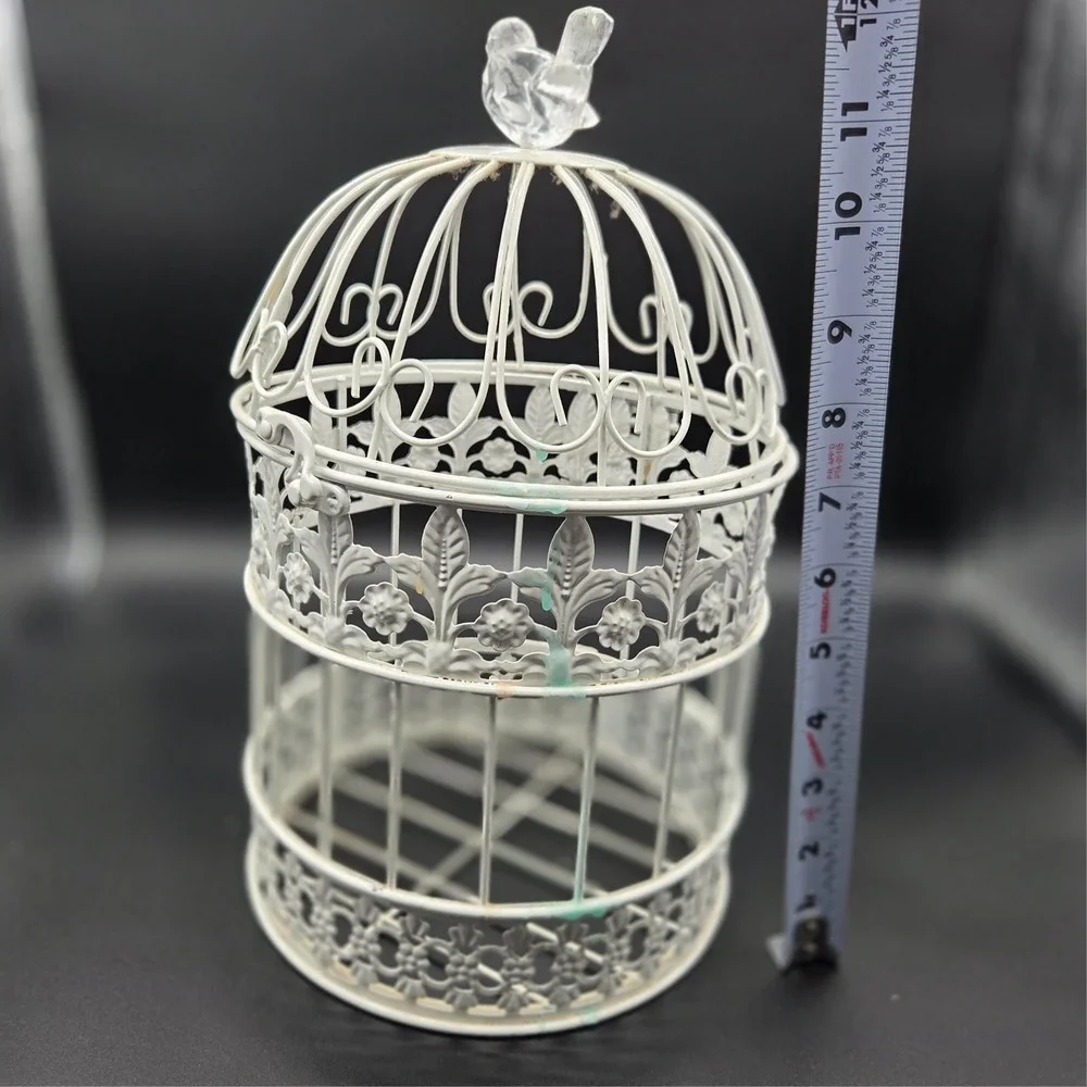 Vintage White Metal Bird‎ Cage with Crystal Clear Bird on Top Cottagecore